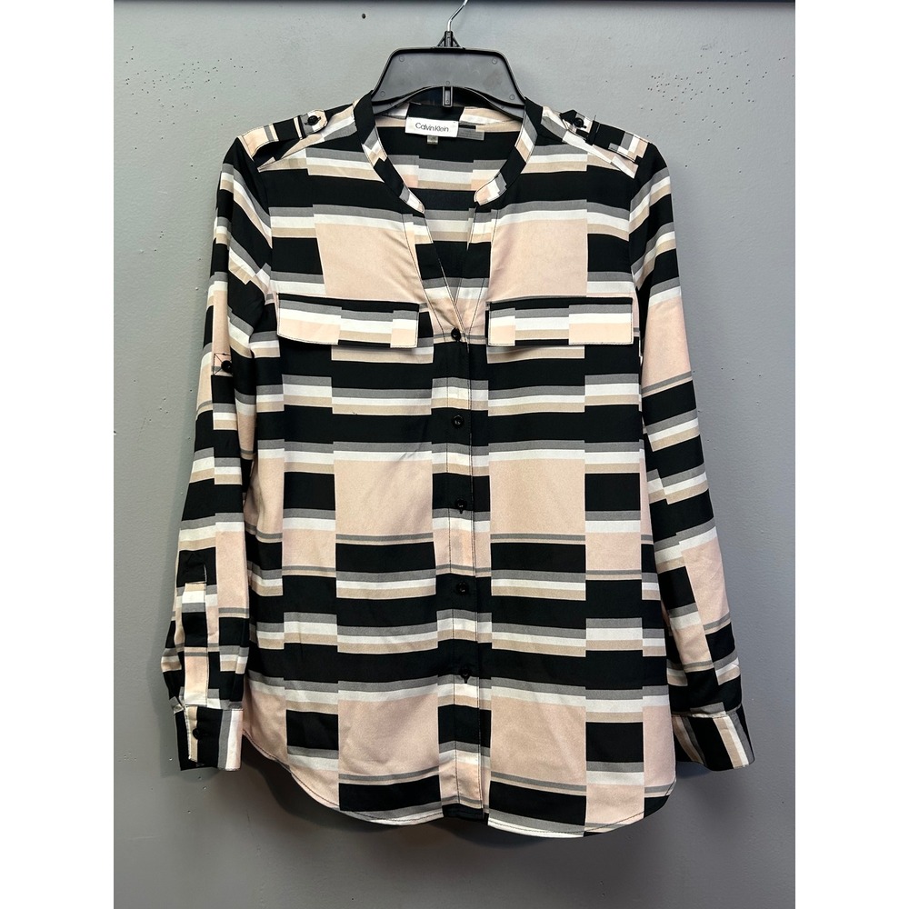 Calvin Klein Blouse Women XS Pink Black Geometric Stripe Roll Tab Button Down